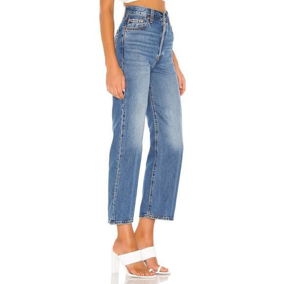 Levis Premium Women Denim Jean 32 Ribcage Straight Ankle Blue High Rise Wide New - Picture 3 of 16